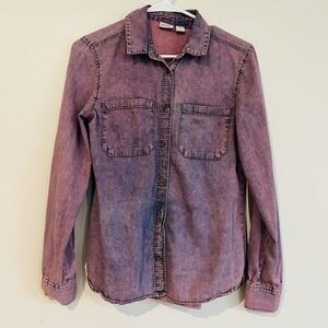 Mudd 80's Style Pink Denim Shirt Sz S Cotton Button Up Acid Wash Retro Grunge